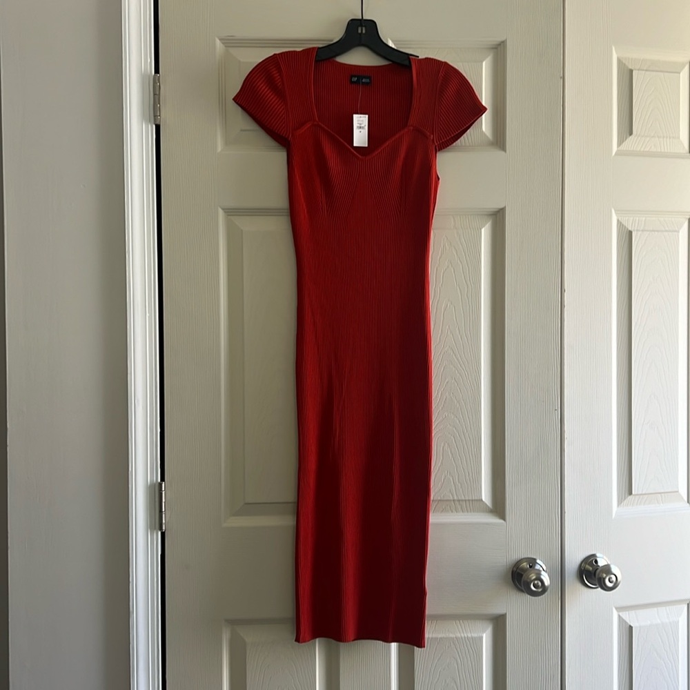 Gap Ribbed Burnt Orange Midi Dress, Sweetheart Neckline